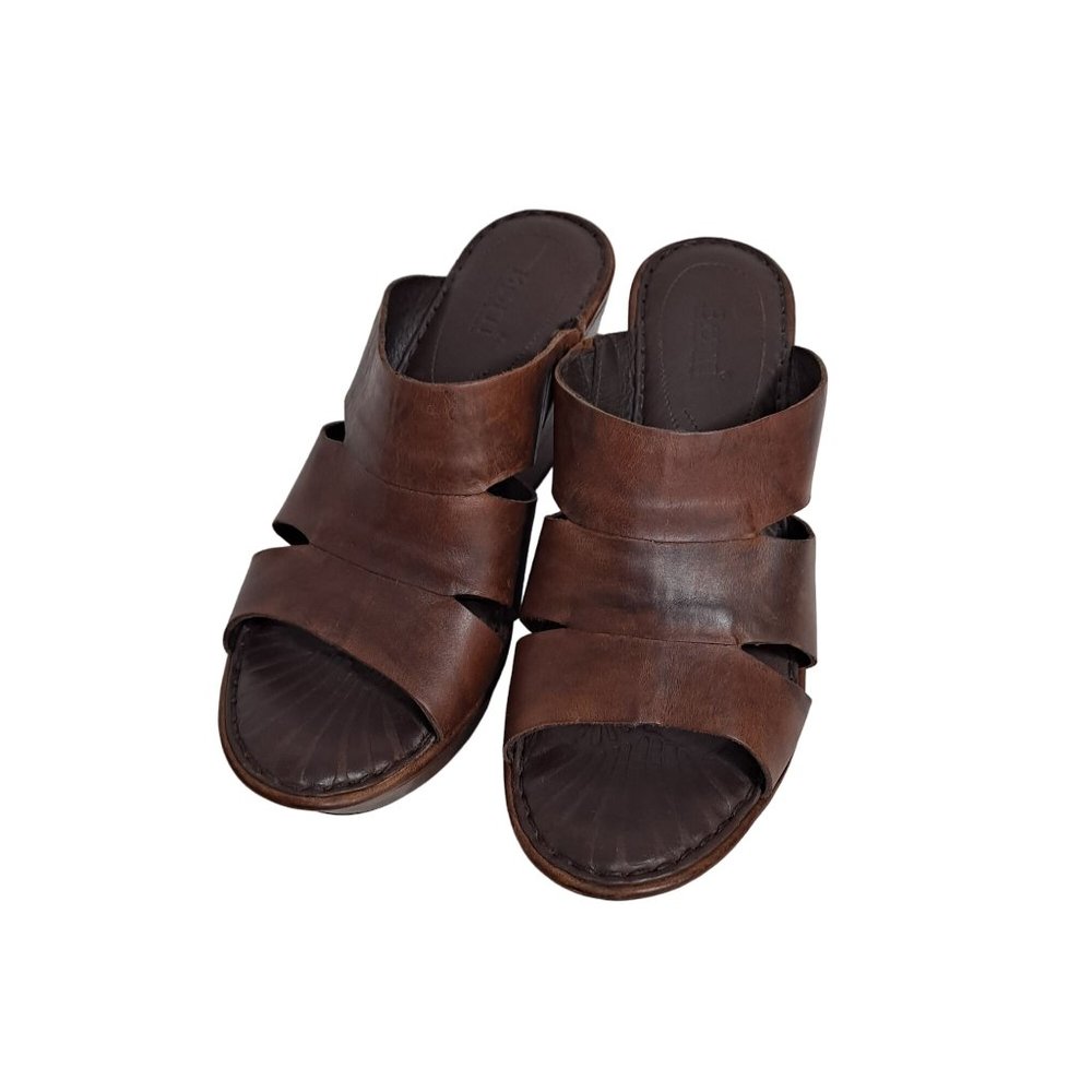 Born Wedge Sandal Woman Size 9 Brown Leather Slip On Strech Comfort Classic